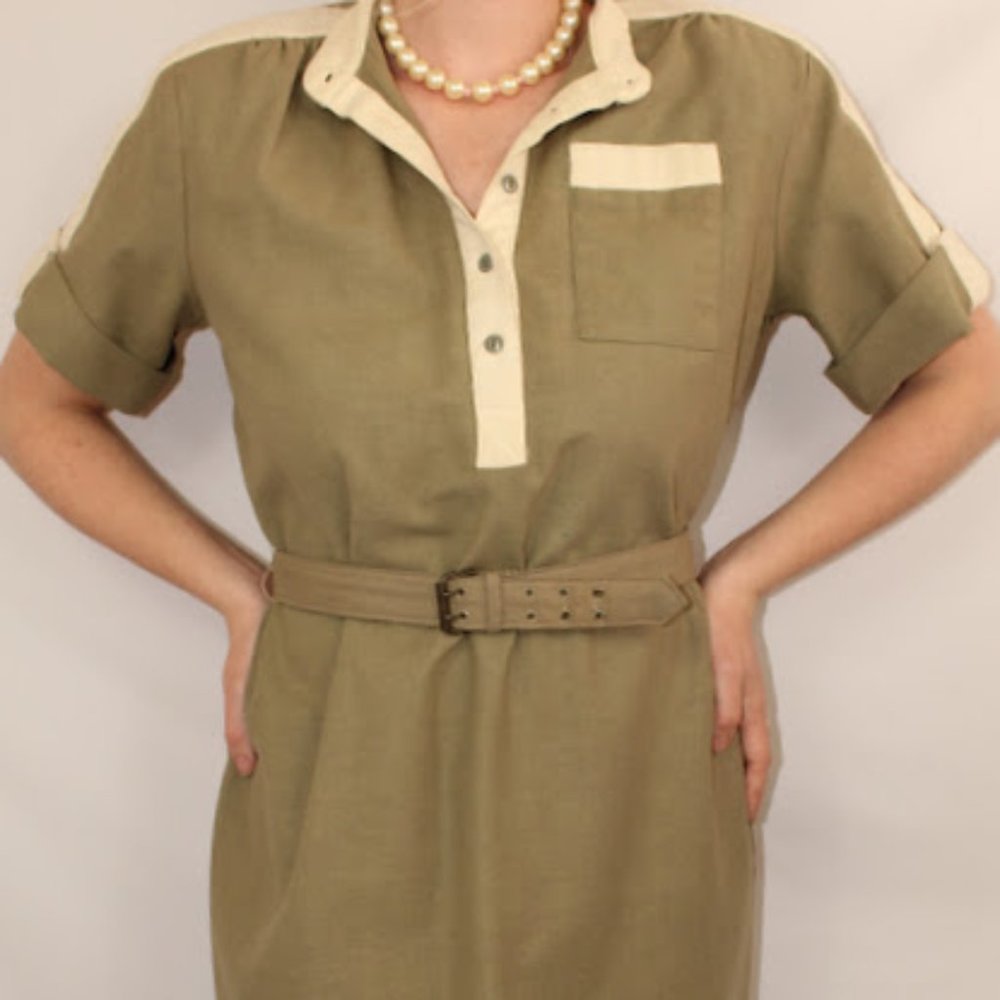 Vintage Women Midi-Long Green Dress Slit Belt Dress Short Sleeve Size 14
